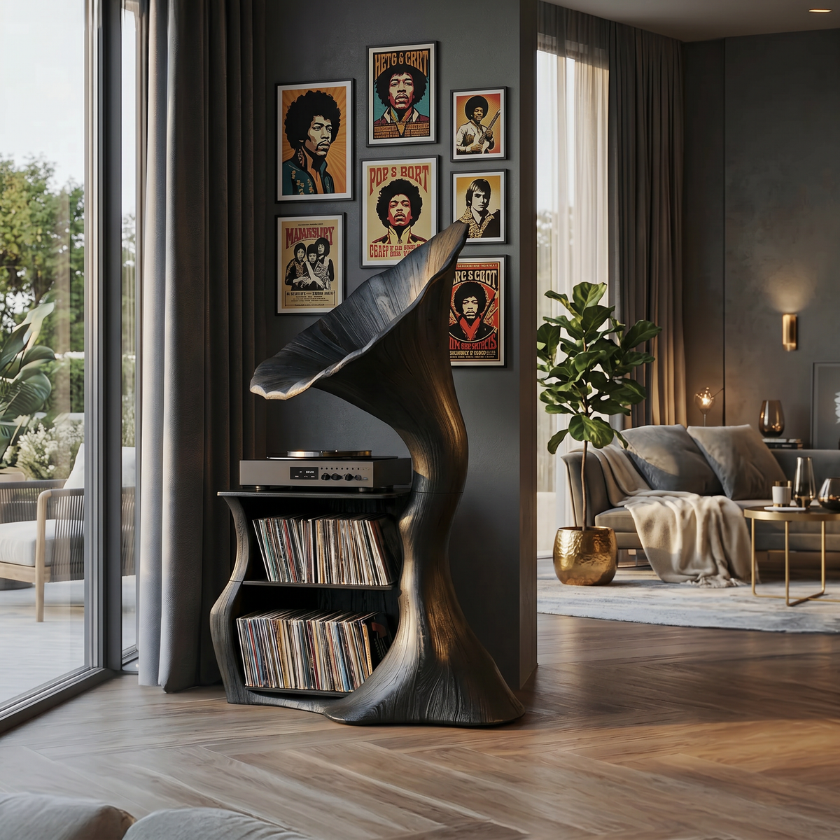 Tall Hardwood Vinyl Record Cabinet with Open Cubbies, 60 to 68 in