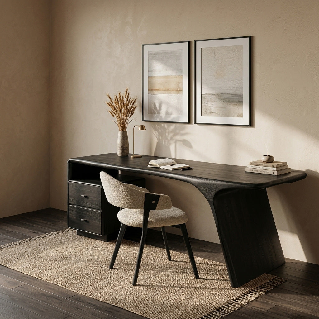 Curved Pedestal Wood Writing Desk with Drawers, 59 to 79 in Wide