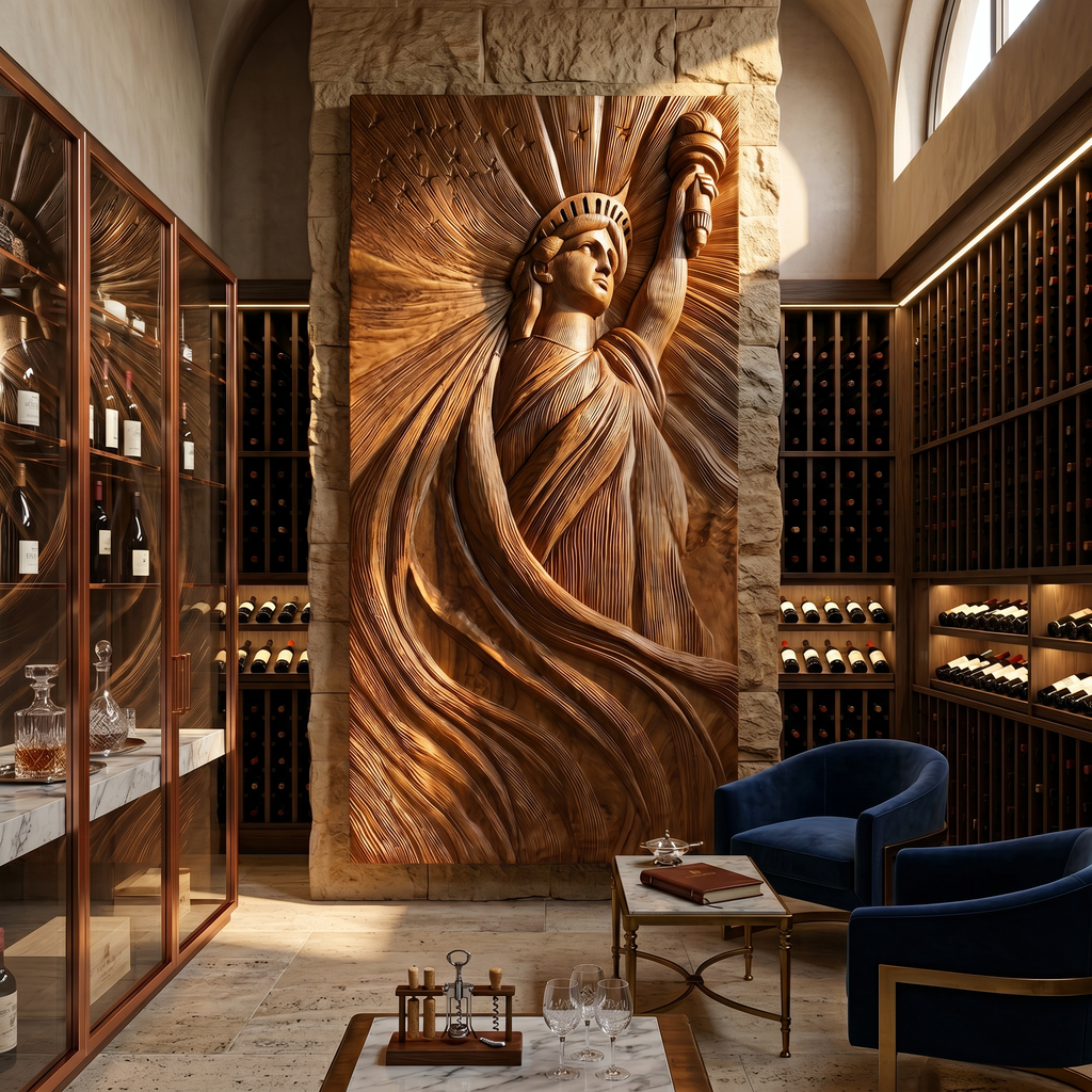 Coastal Modern Statue of Liberty Wood Wall Art, Handcrafted 3D Wooden Icon Sculpture Panel