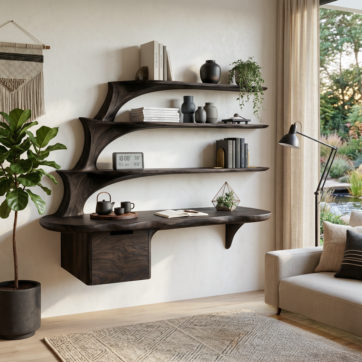 Contemporary Floating Desk With Display Shelves And Drawers For