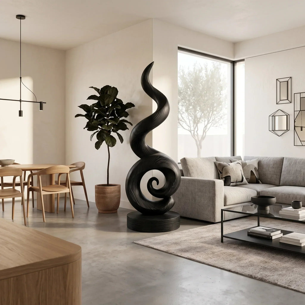 Coiling Spiral Carved Wood Sculpture For Poolside Patios