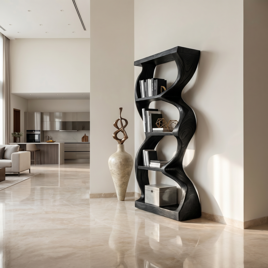 Soft Curve Wooden Bookcase With Open Shelves, 47 to 79 Inch