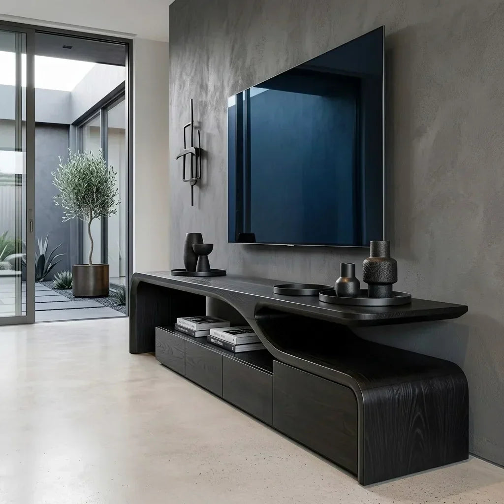 Long Low Curved Wood Media Console, 65 To 93 Inch Wide
