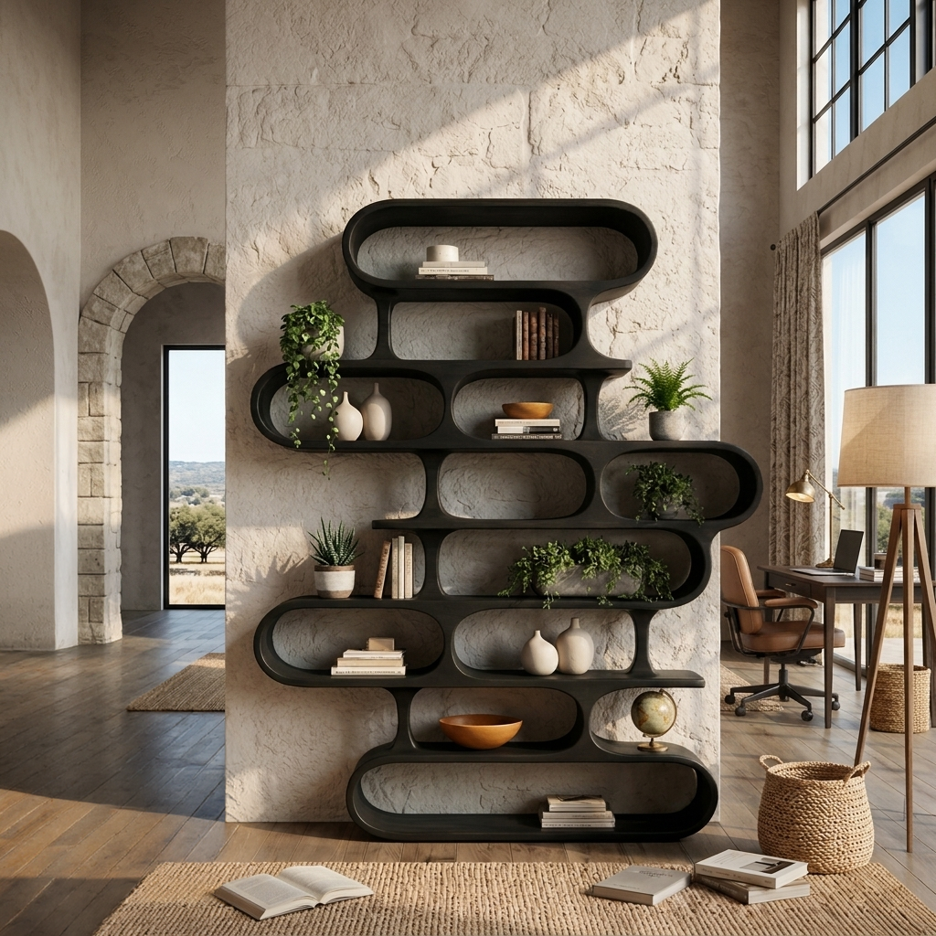 Flowing Curved Frame Wood Bookcase for Office, 63 to 79 in Tall