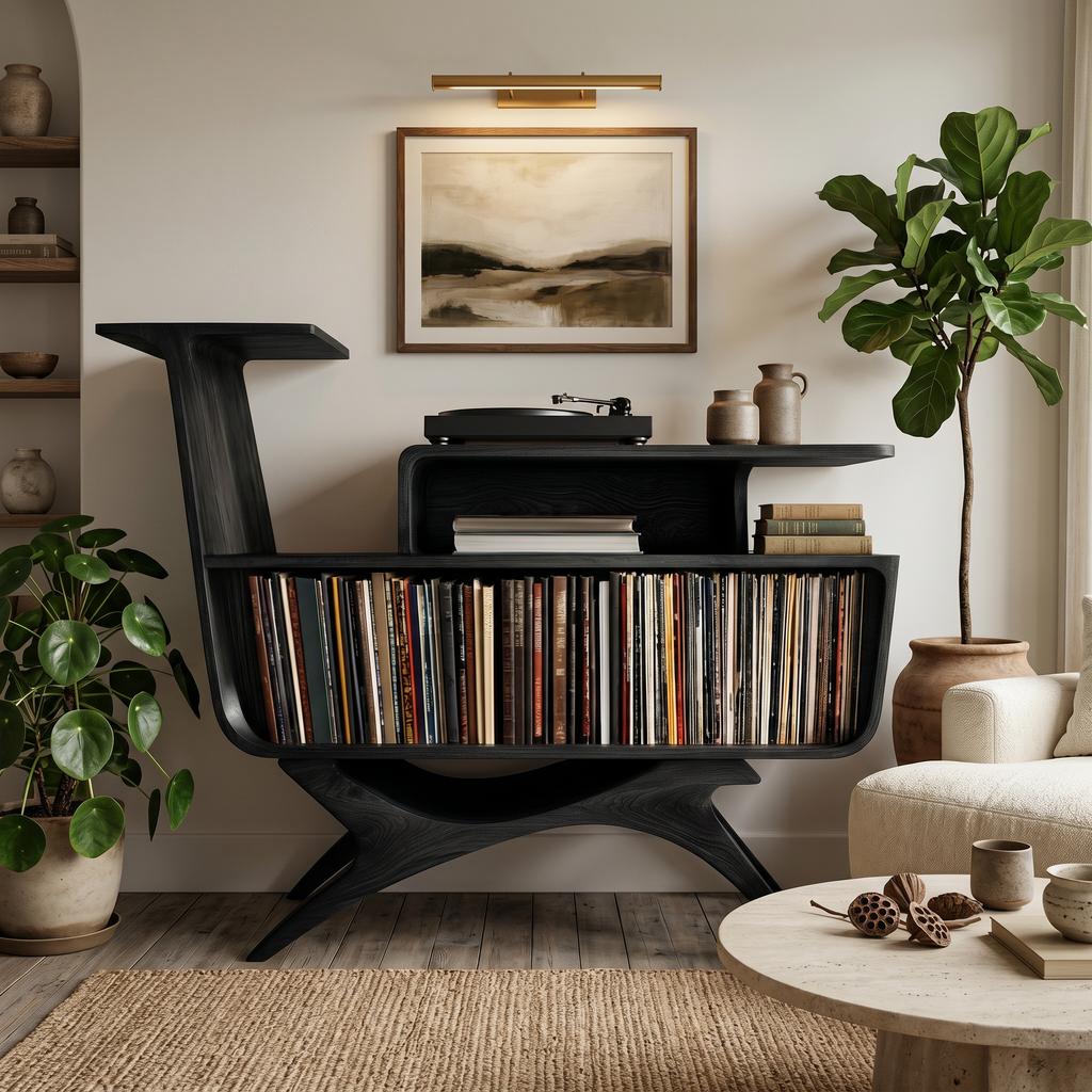 Turntable Console with Raised Top and Vinyl Shelves, 41 to 59 in
