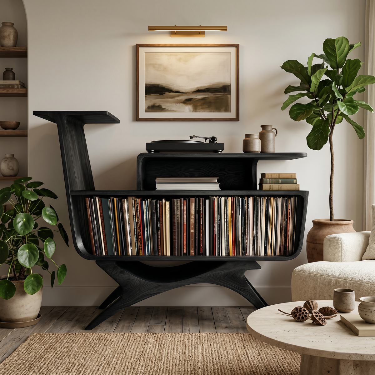 Turntable Console with Raised Top and Vinyl Shelves, 41 to 59 in