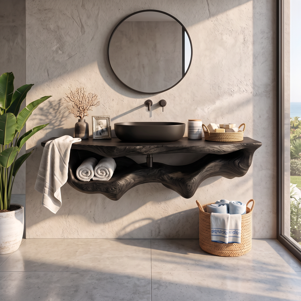 Mid-Century Live Edge Floating Bathroom Vanity Shelf