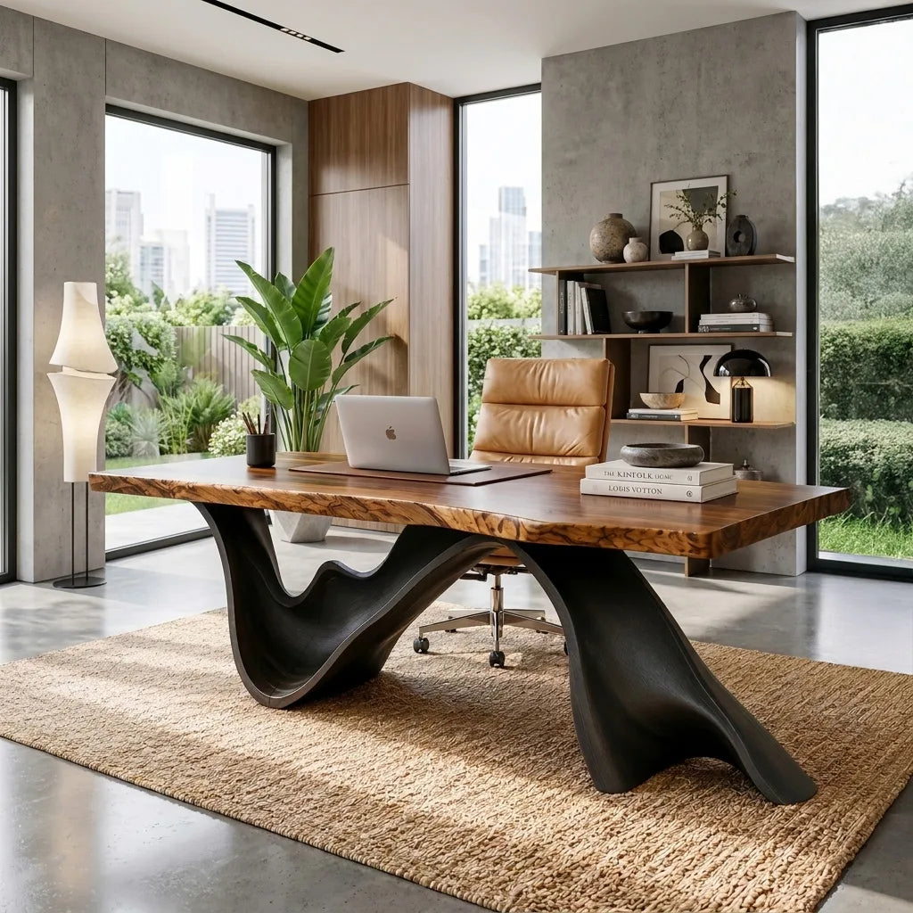 Live Edge Executive Desk With Dark Curved Sculptural Bases