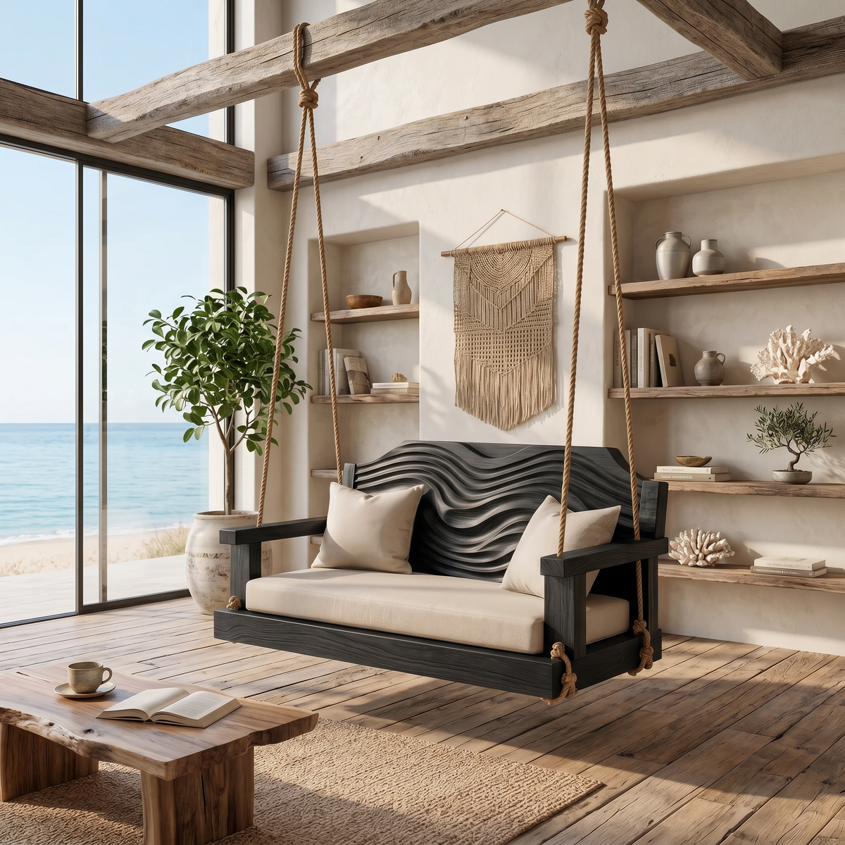Hanging Wood Swing Chair With Carved Back For Indoor Reading Nooks