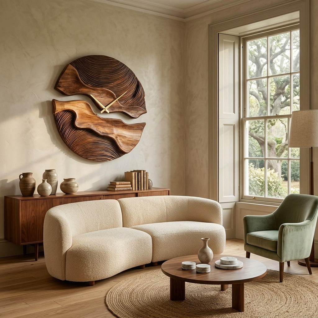 Carved Solid Wood Wall Clock with Organic Split Form