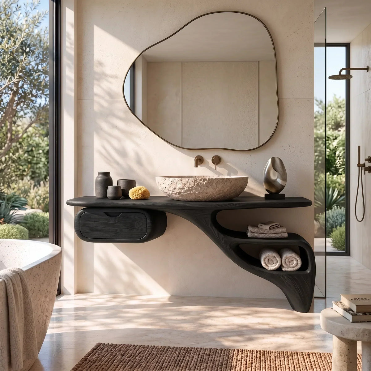 Sculptural Bathroom Vanity Flowing Shelves With Storage For Luxury Bathroom