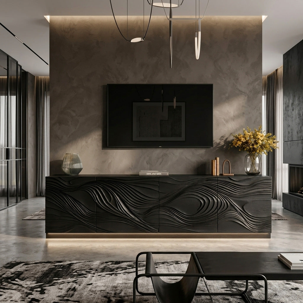 Wave Pattern Front TV Console With Storage, 65 to 93 Inch