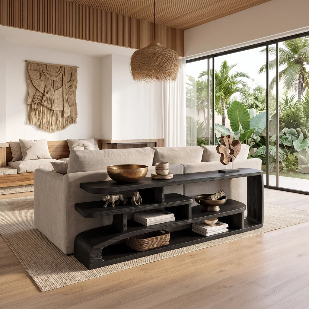 Long Shallow Layered Shelf Console For Narrow Hallways