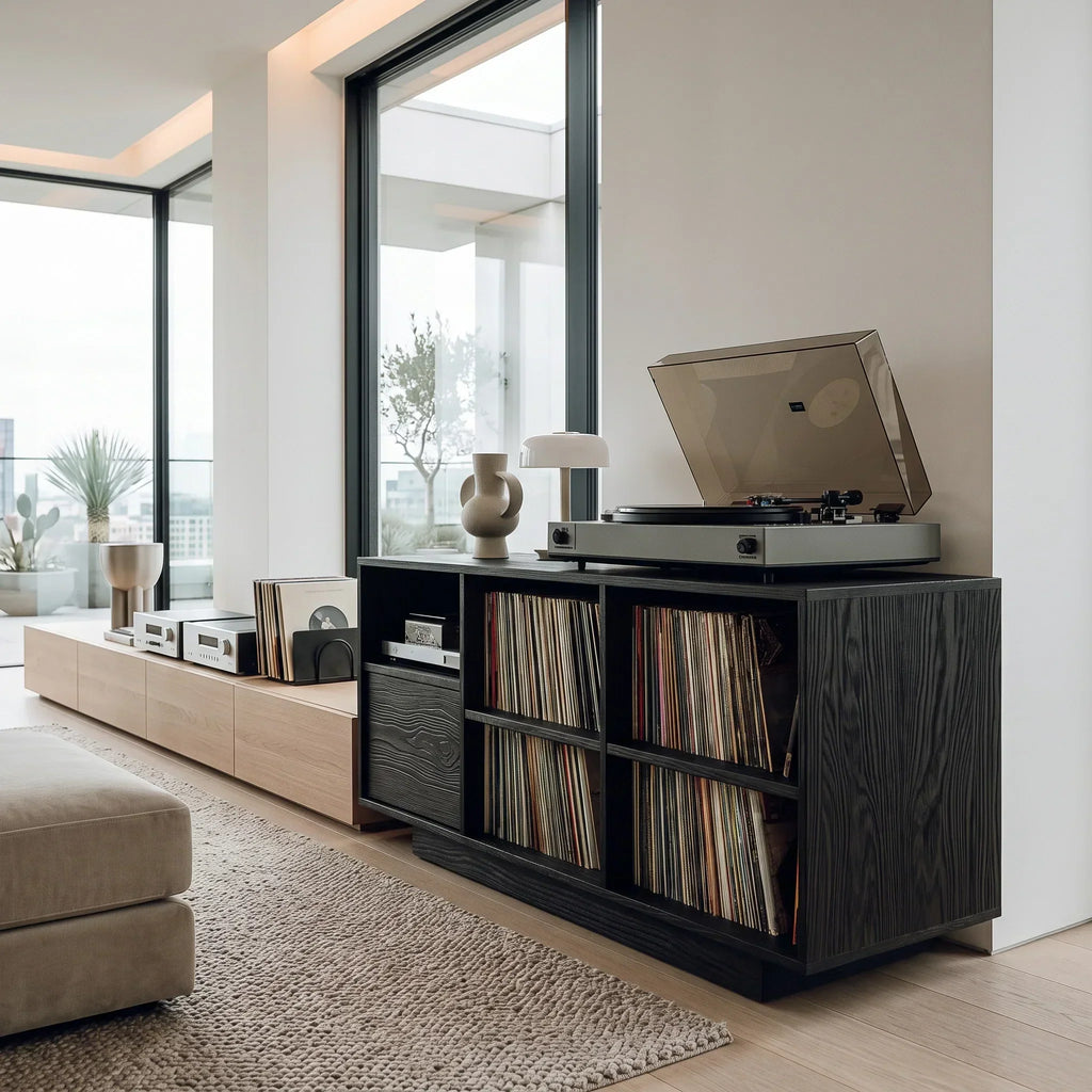 Wide Wood Record Cabinet With Open Cubbies And Turntable Top, 59-86 In
