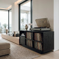 Wide Wood Record Cabinet With Open Cubbies And Turntable Top, 59-86 In