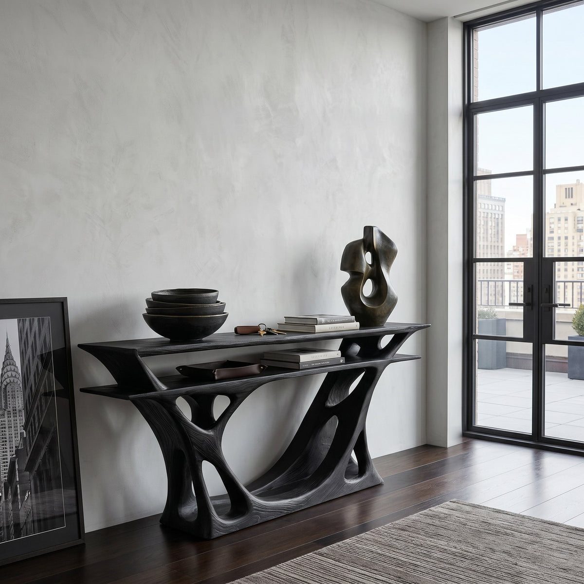 Open-Frame Base Console With Layered Top For Entryway Display
