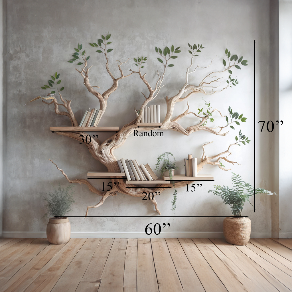 Mid-Century Driftwood Tree Wall Bookshelf, 70 x 60 Inch