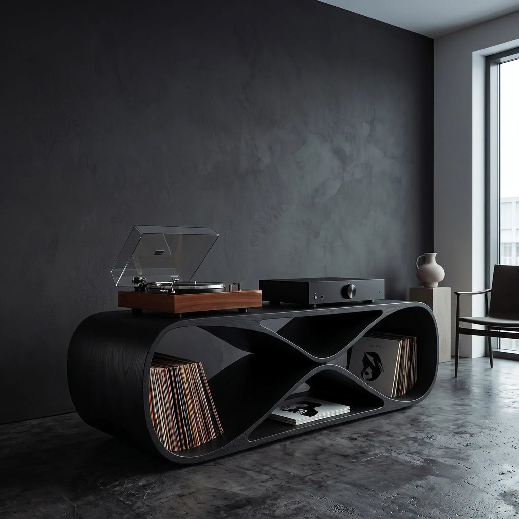 Curved Wood Vinyl Record Cabinet With Turntable Top, 44 To 71 Inch
