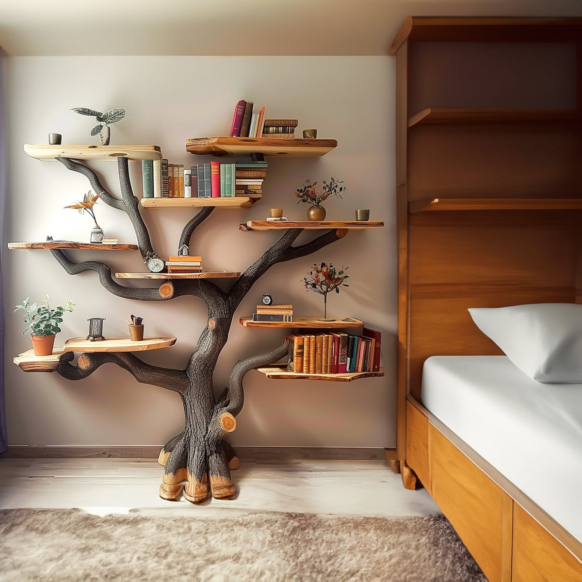 Dark Brown Branch Wall Bookcase for Feature Walls, 72 in Wide