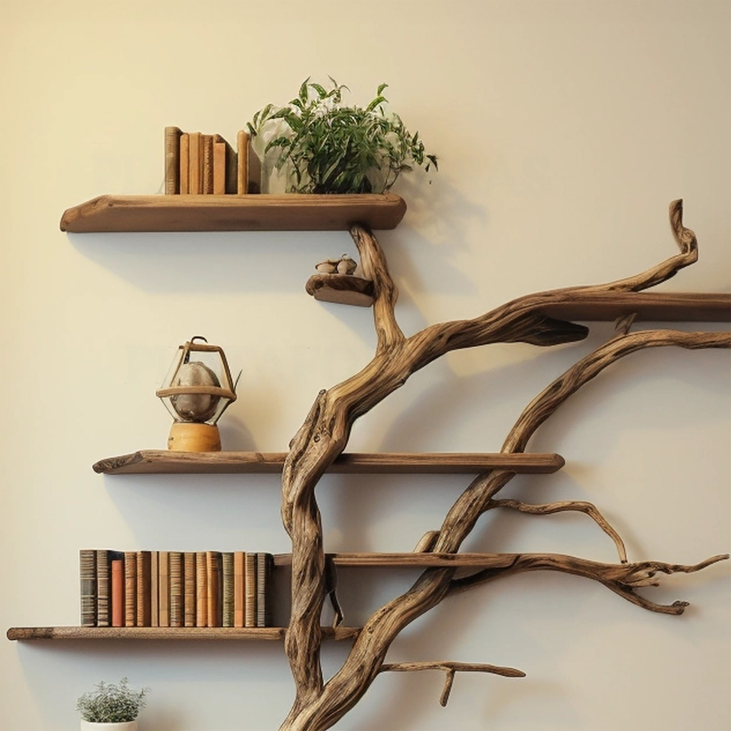 Floor-to-Ceiling Corner Branch Shelf, Dark Brown 84 x 72 x 8 Inches