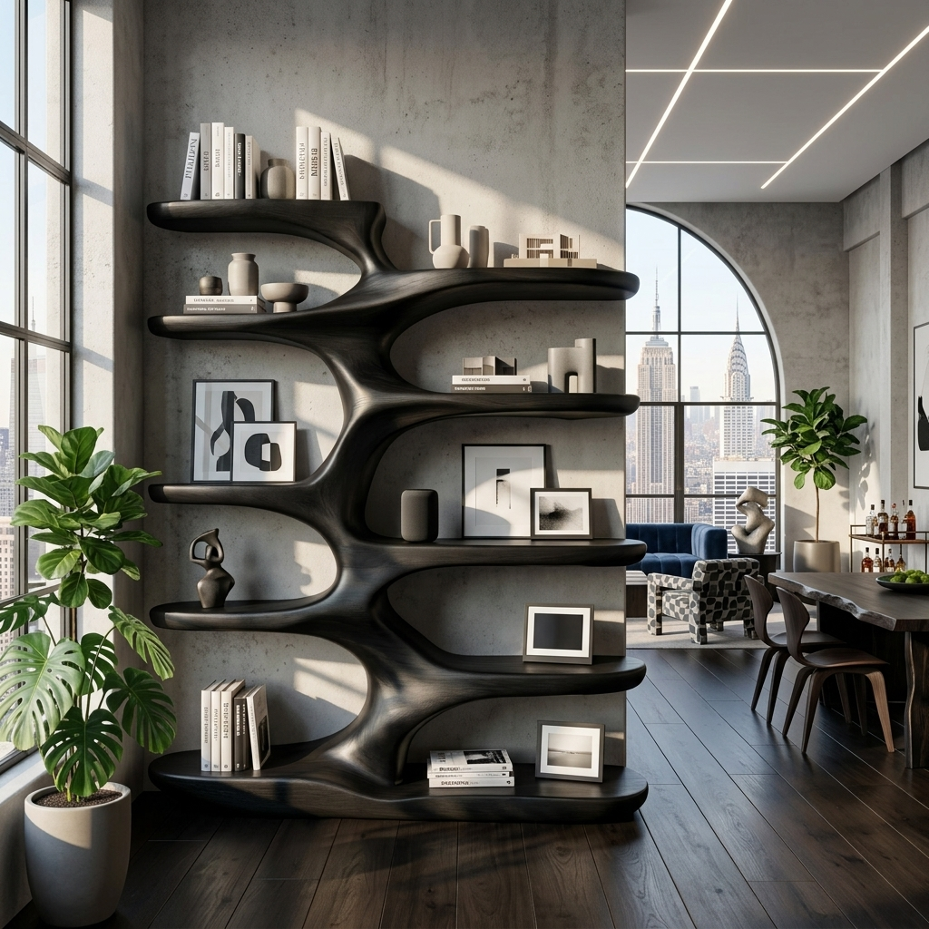 Handcrafted Sculptural Wood Bookshelf For Home Library