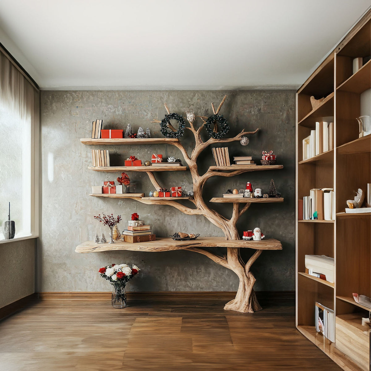 Tall Tree Branch Wall Bookshelf with Driftwood Look, 84 Inch