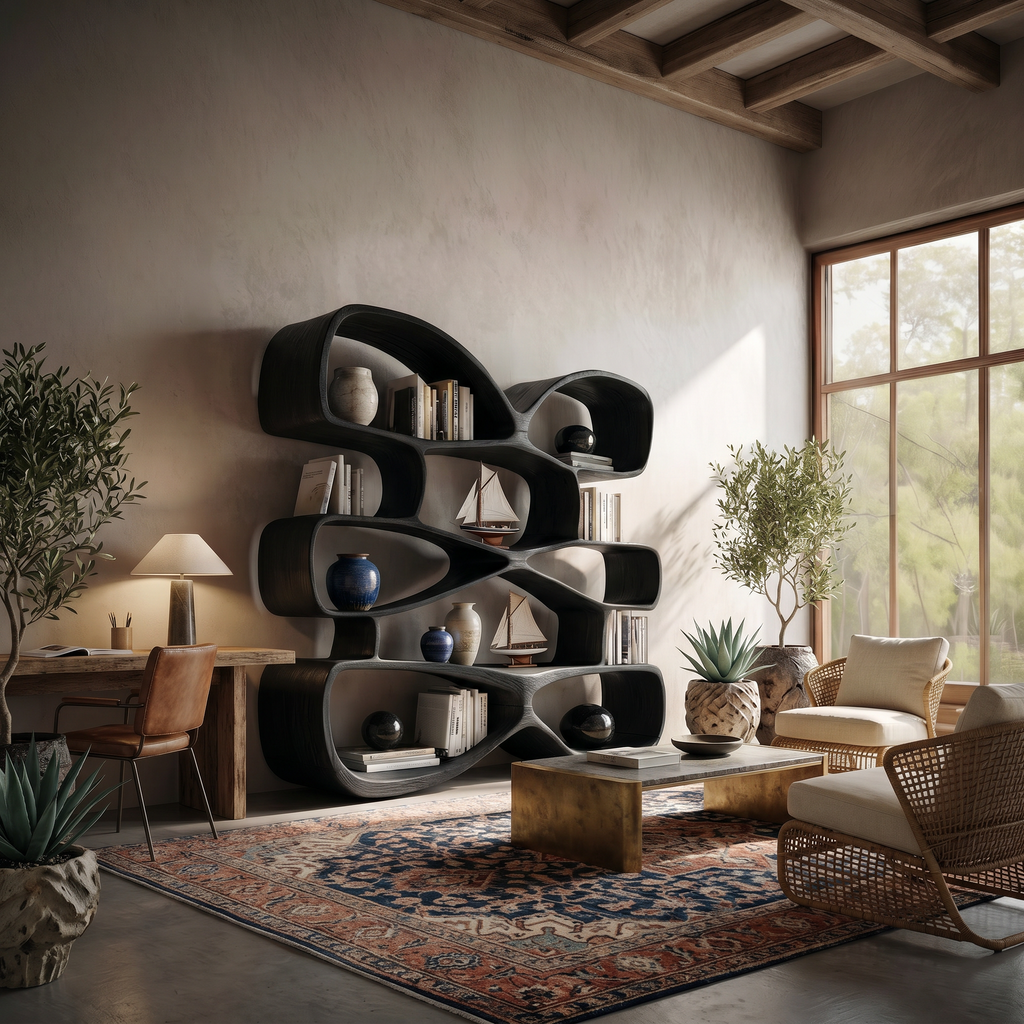 Fluid Biomorphic Wood Bookshelf For Books, Ceramics And Plants