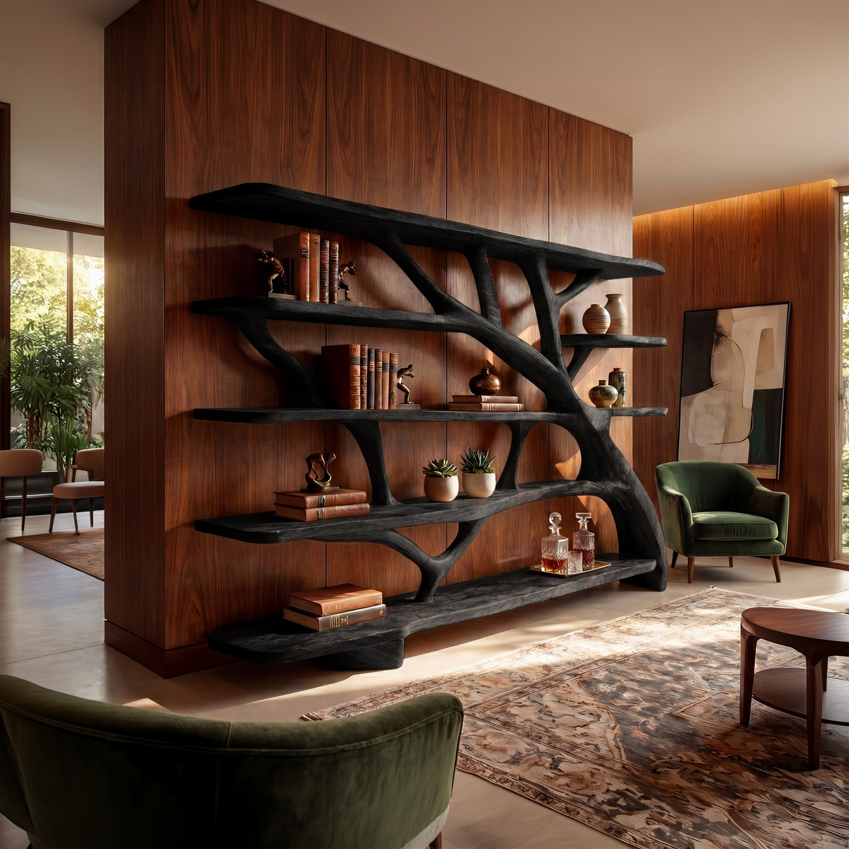 Asymmetric Wavy Wood Bookcase for Bedroom or Reading Nook, 59-83 in