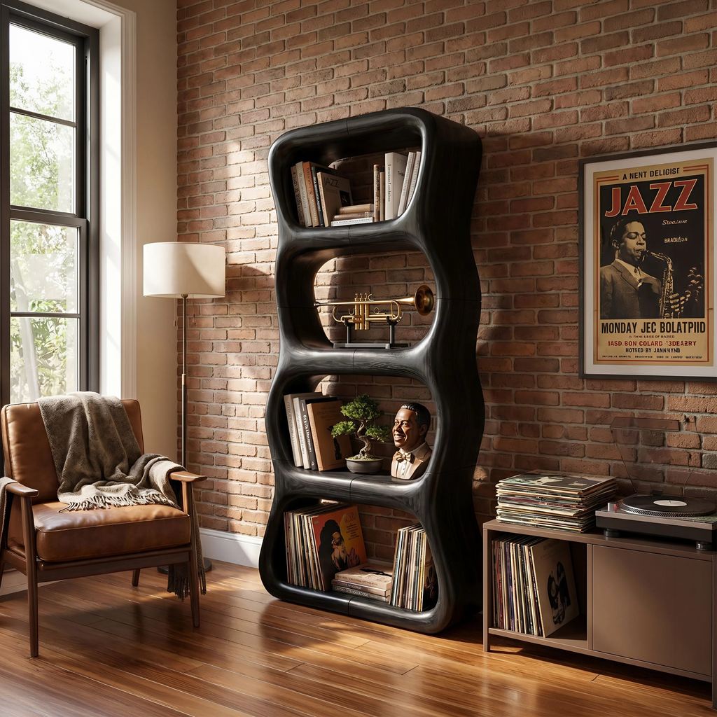 Contemporary Handcrafted Bookshelf Storage Organizer For Living Space
