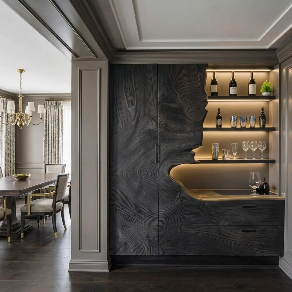 Tall Wall Wine Cabinet with Carved Doors and Bottle Shelves