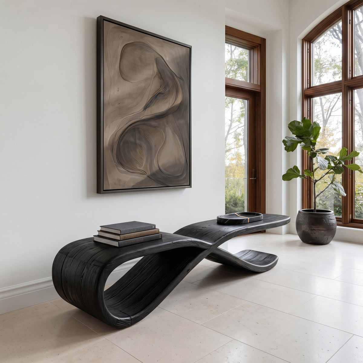Intertwined Curve Wooden Hallway Bench, 47 To 73 Inch Long