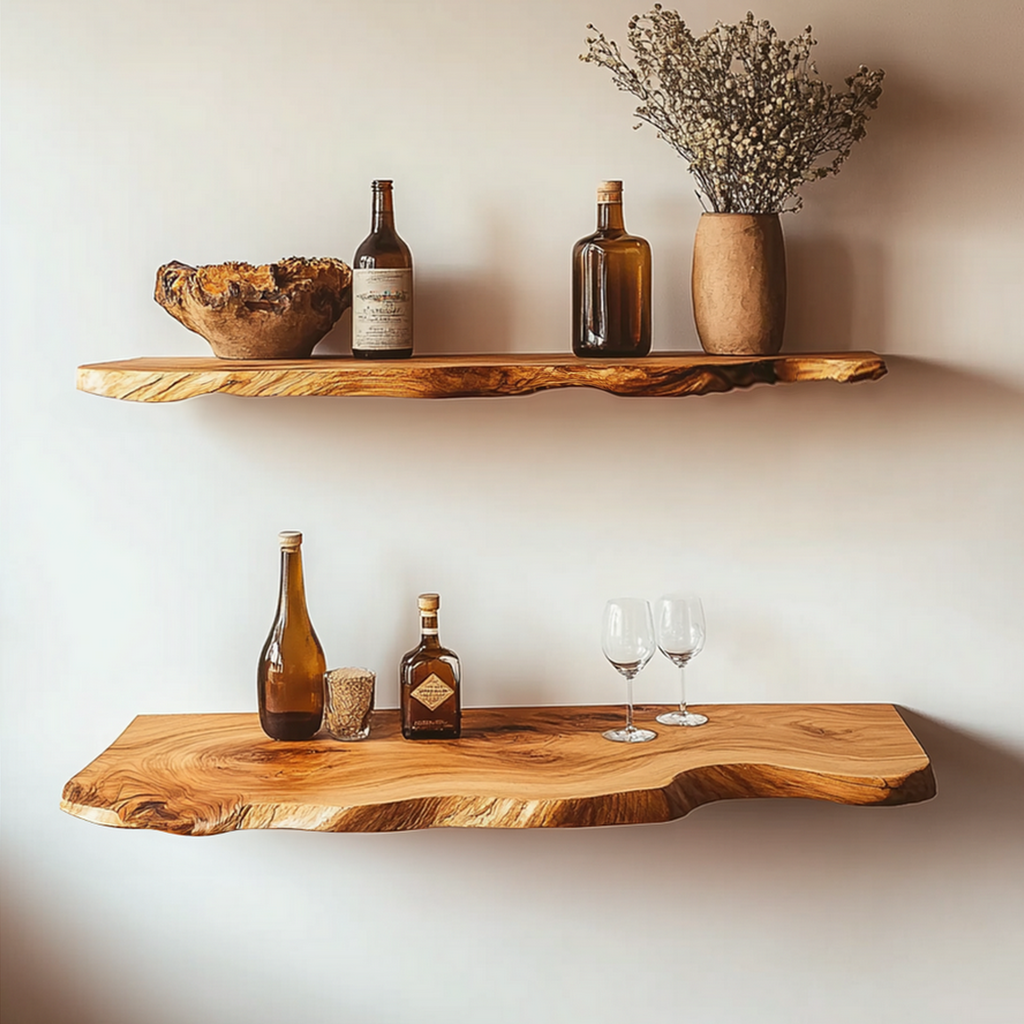 Rustic Live Edge Office Wall Shelf, 10 To 47 Inch Wide