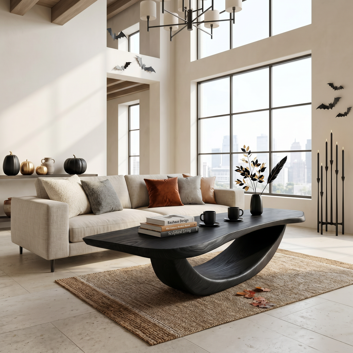 Farmhouse Wooden Live Edge Coffee Table, Dark Reclaimed Solid Wood Center Cocktail Table with Metal Legs, Spooky Decor Theme