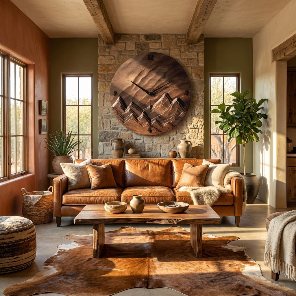 Rustic Wood Landscape Wall Clock, Handcrafted Nature Inspired Wooden Timepiece