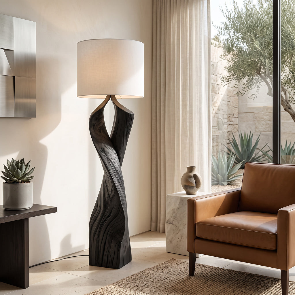 Twisted Wood Floor Lamp, Sculptural Solid Wood Standing Light
