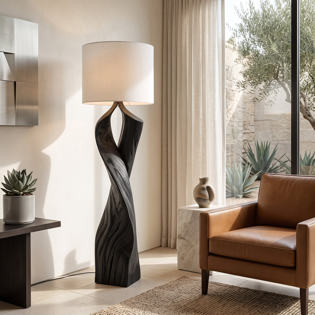 Twisted Wood Floor Lamp, Sculptural Solid Wood Standing Light