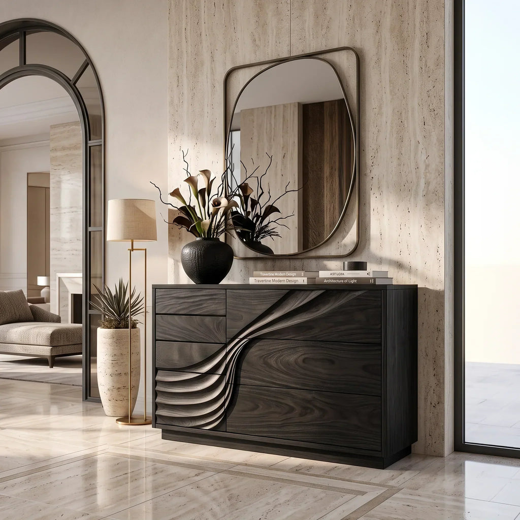 Flowing Line Carved Drawer Chest For Bedrooms, 40 To 71 Inch