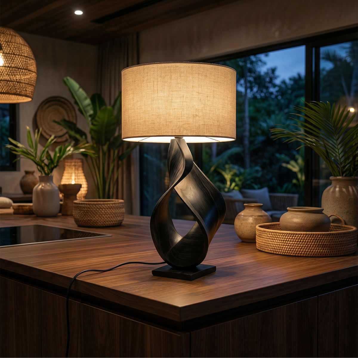 Carved Monkey Pod Wood Accent Lamp for Desk or Shelf, 14 to 20 in
