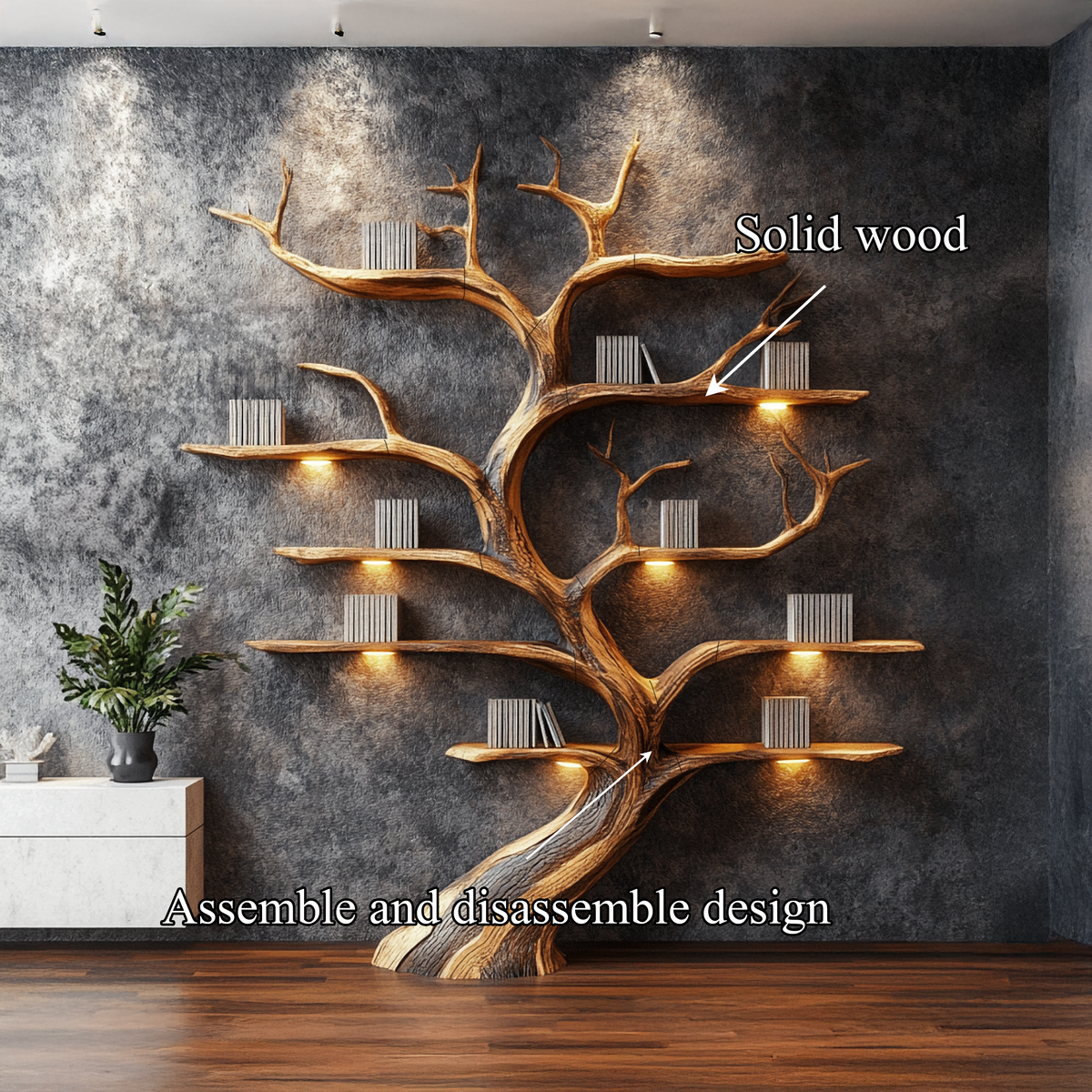 Weathered Branch Wall Bookshelf, 70 x 60 Inch Rustic Floating Display