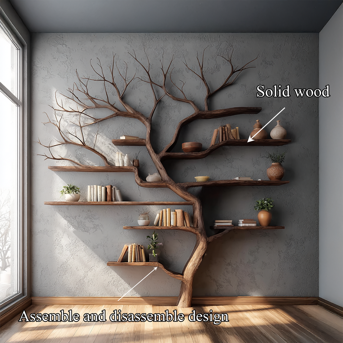 Square Branch Wall Bookshelf with Floating Shelves, 60 x 60 in