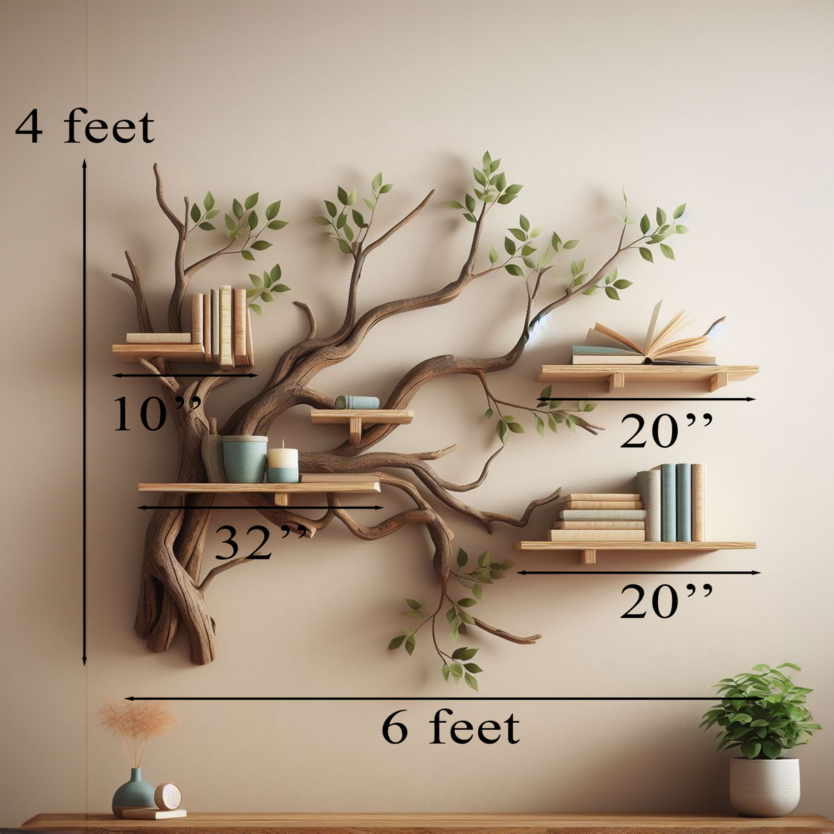 Tree Branch Floating Bookcase with Decorative Leaves