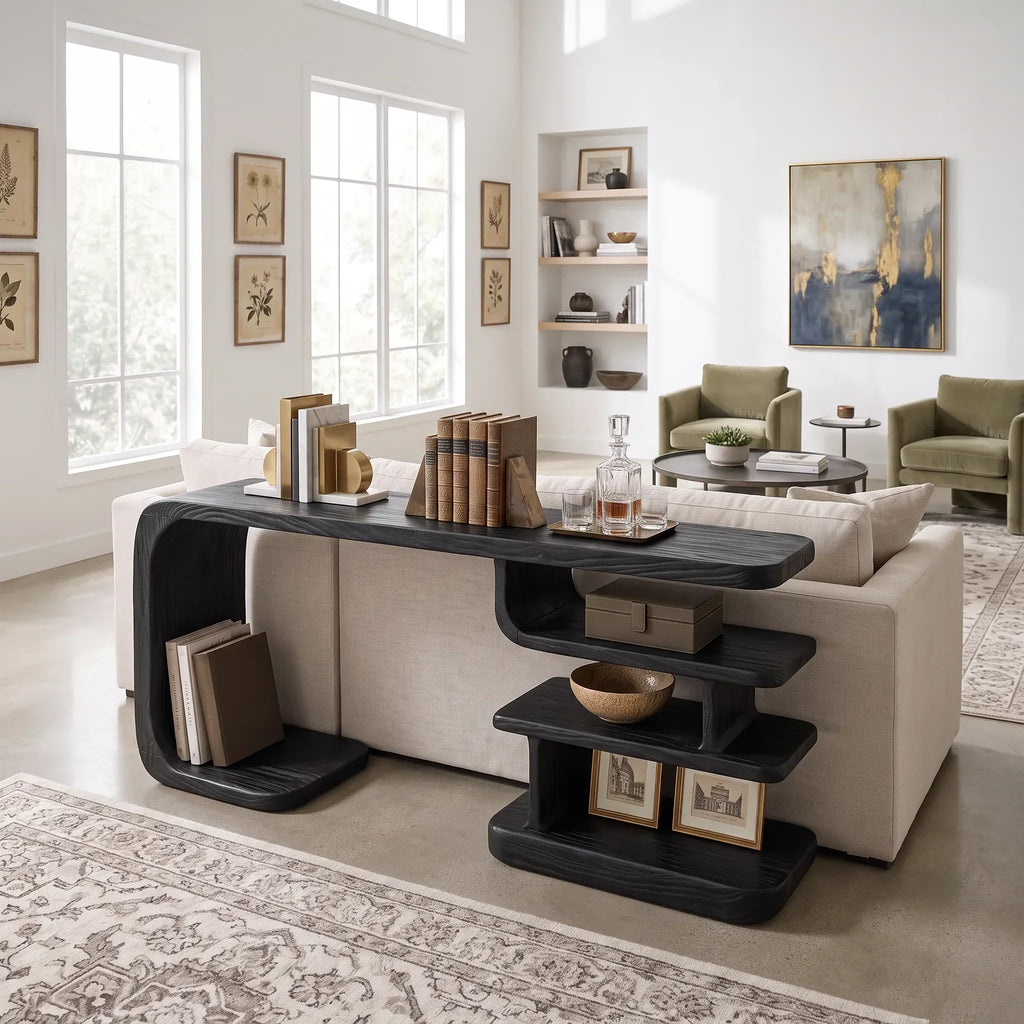 Multi-Level Shelf Console For Living Room Books And Ceramics