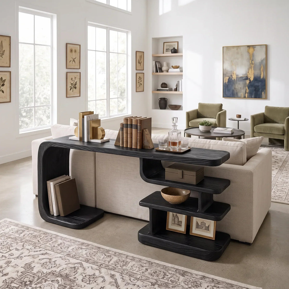 Multi-Level Shelf Console For Living Room Books And Ceramics
