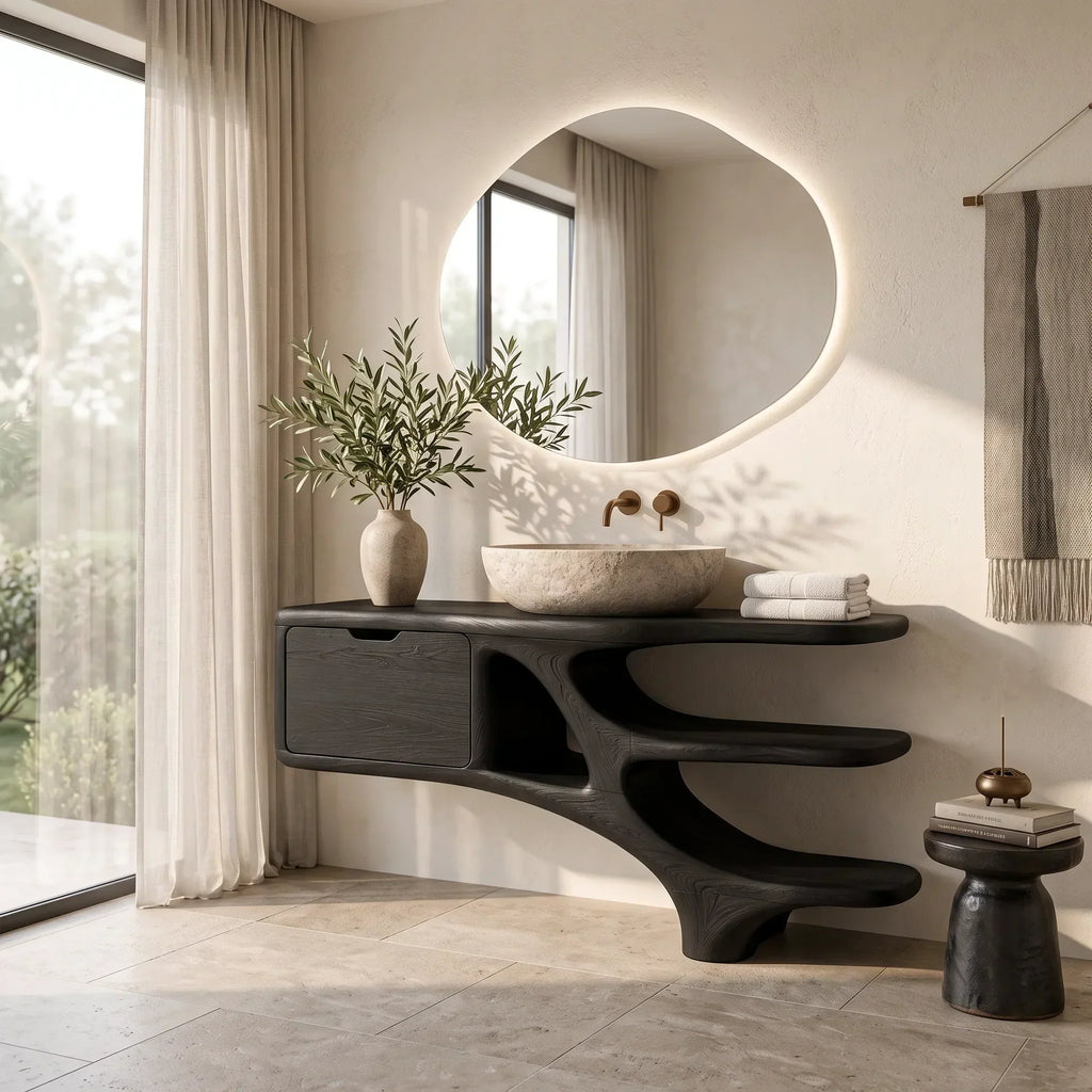 Contemporary Bathroom Vanity Curved Shelves With Cabinet For Modern Ensuite