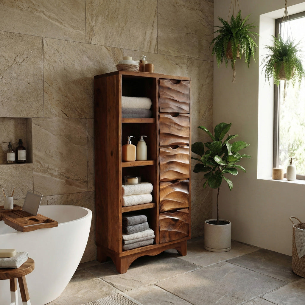 Spa Bathroom Cabinet With Textured Drawers And Open Shelves