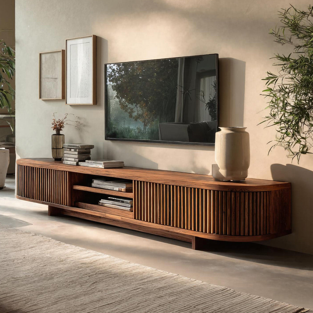 Hand Carved Wooden Media Cabinet For Living Room