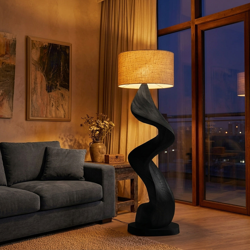 Gracefully Twisted Wood Base Floor Lamp, Fabric Shade, 39-63 in