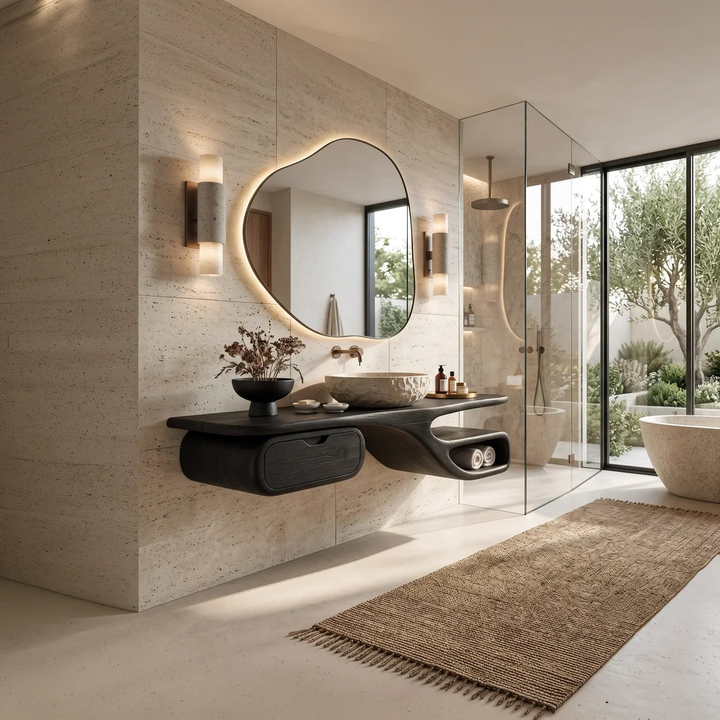 Transitional Floating Bathroom Vanity Curved Storage For Modern Bathroom