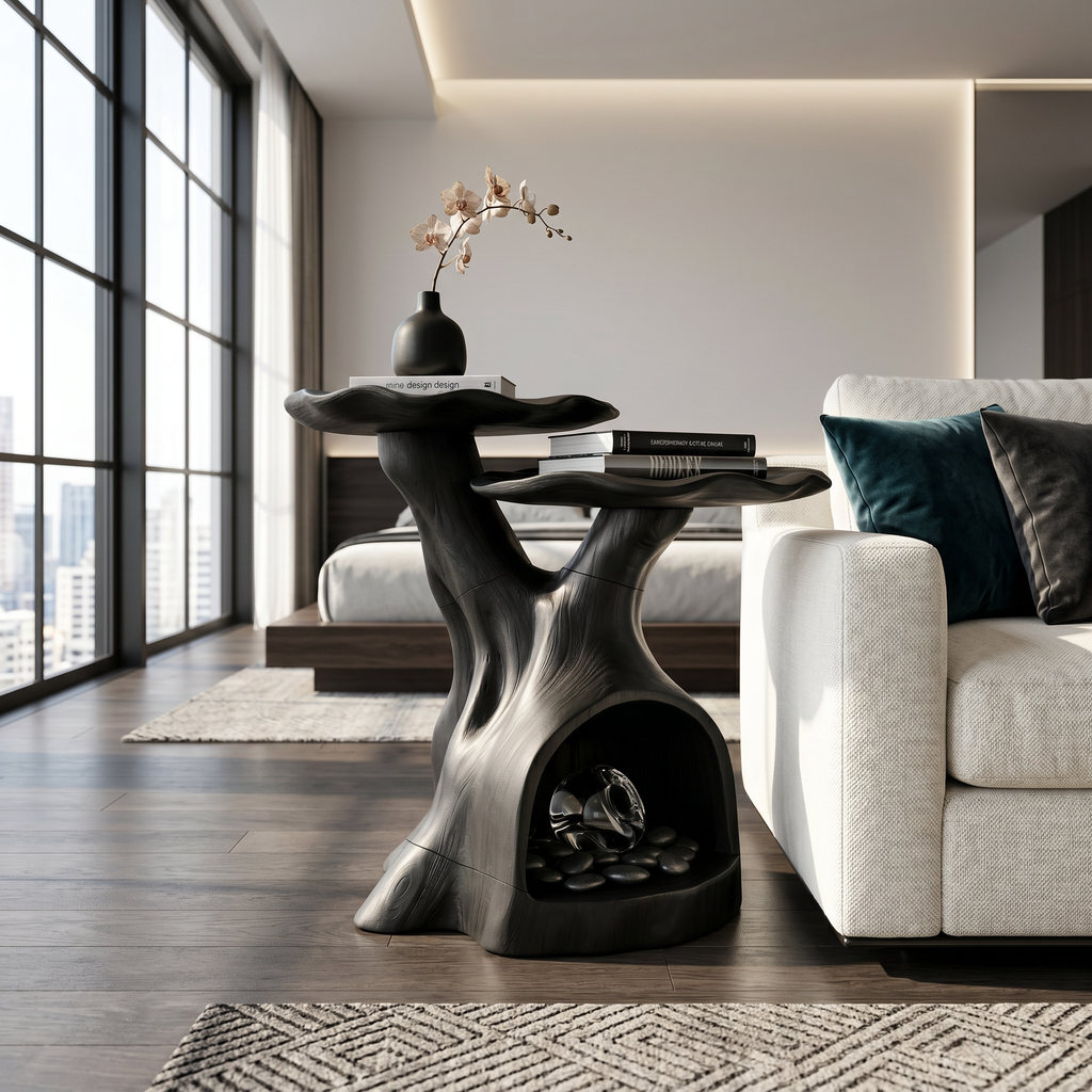 Two-Tier Wood Side Table With Architectural Lines, 16 to 22 Inch