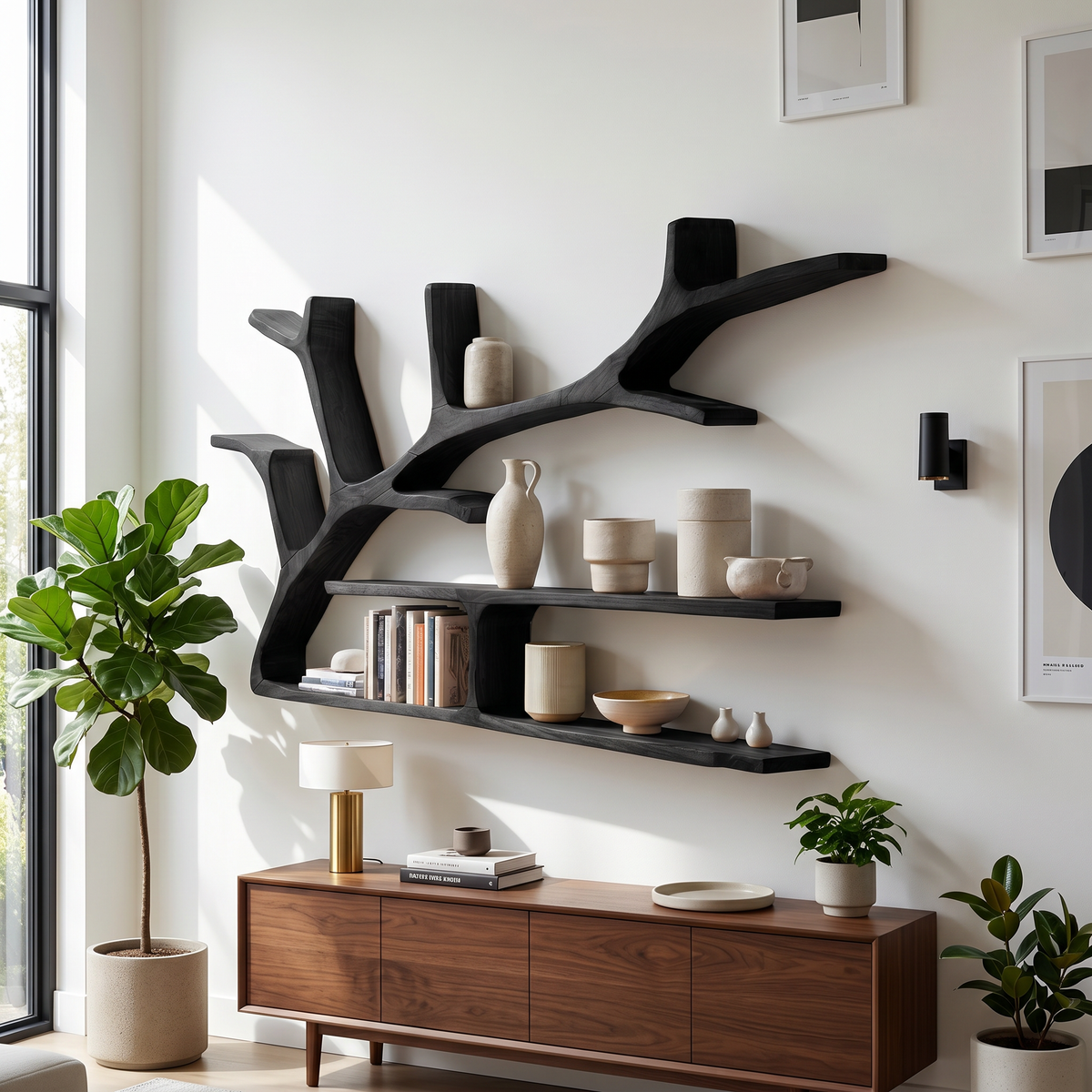 Rustic Tree Branch Floating Shelves For Living Room